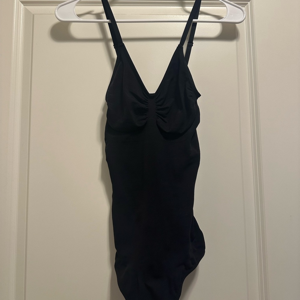 Black Shapewear Bodysuit with V-Neckline and Thin Straps
